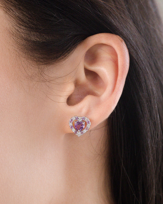 double heart love stud earrings with purple lavender amethyst in sterling silver valentine day birthday anniversary gifts for her for mum for friends for wife for girlfriend