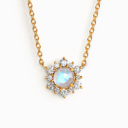 Rose cut rainbow moonstone pendant necklace in snowflake design crafted with 18k gold vermeil