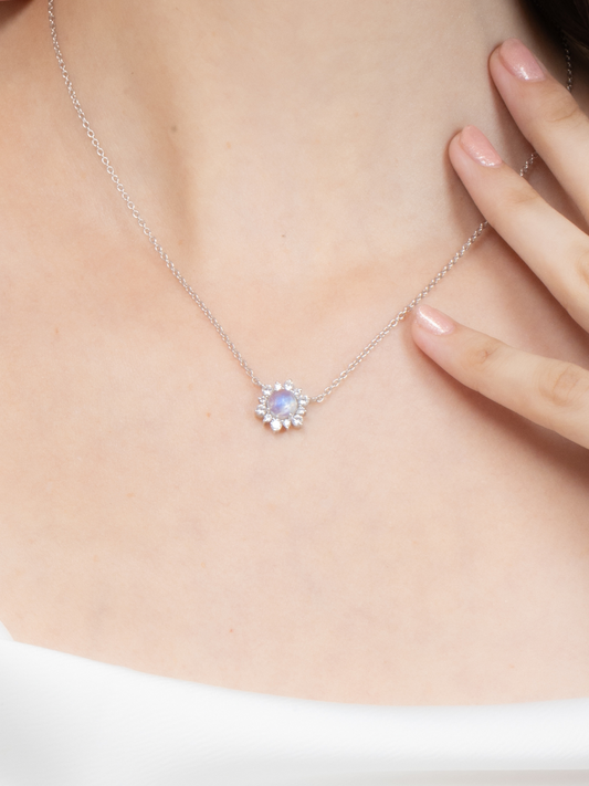 Rose cut rainbow moonstone pendant necklace in snowflake design crafted with sterling silver