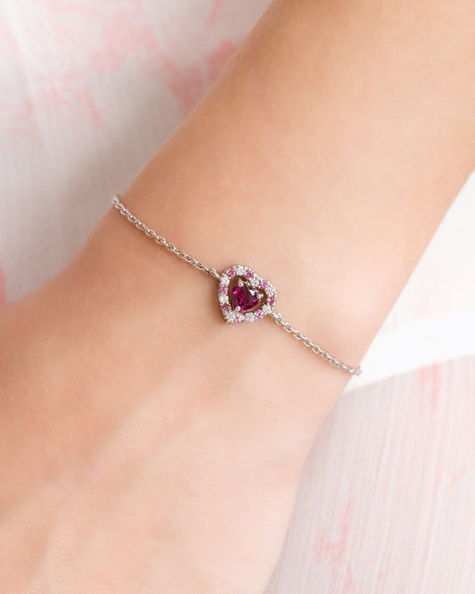 double heart love tennis bracelet with pink red rhodolite garnet in gold vermeil Valentine day birthday anniversary gifts for her for mum for friends for wife for girlfriend