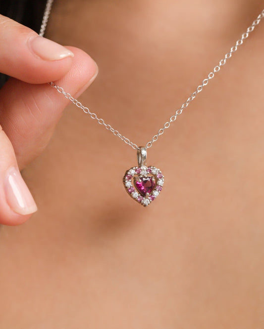 double heart love pendant necklace with red pink rhodolite garnet in sterling silver valentine day birthday anniversary gifts for her for mum for friends for wife for girlfriend