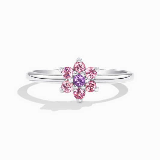 Pink tourmaline and purple amethyst dainty stackable cluster flower ring in sterling silver