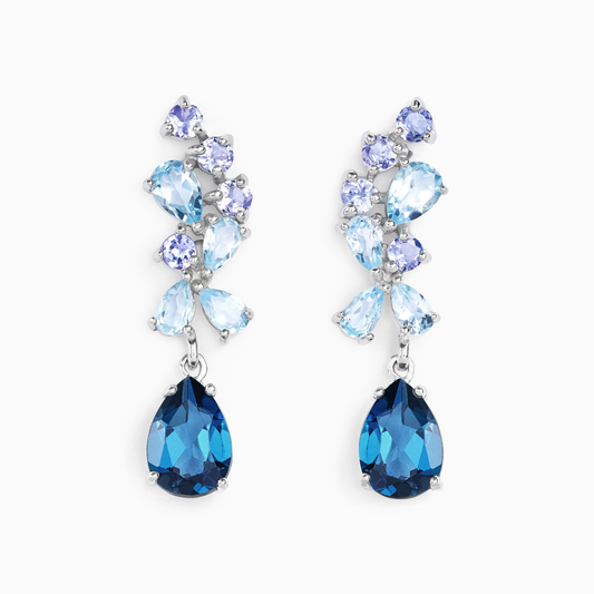 Pear cut london blue topaz and sky blue topaz and round cut tanzanite drop dangle earrings in sterling silver for evening wear gift for her