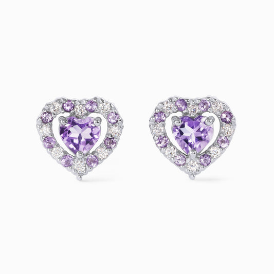 double heart love stud earrings with purple lavender amethyst in sterling silver valentine day birthday anniversary gifts for her for mum for friends for wife for girlfriend