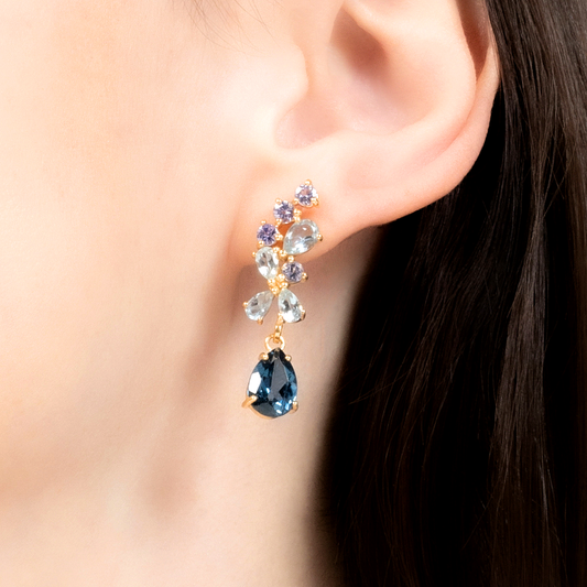 Pear cut london blue topaz and sky blue topaz and round cut tanzanite drop dangle earrings in 18k gold vermeil for evening wear gift for her
