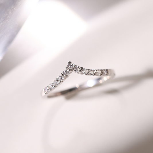V shape wishbone curved diamond eternity wedding ring in sterling silver