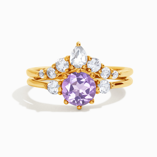 Round cut lavender Amethyst and white topaz three stone engagement and wedding ring stack in 18k gold vermeil