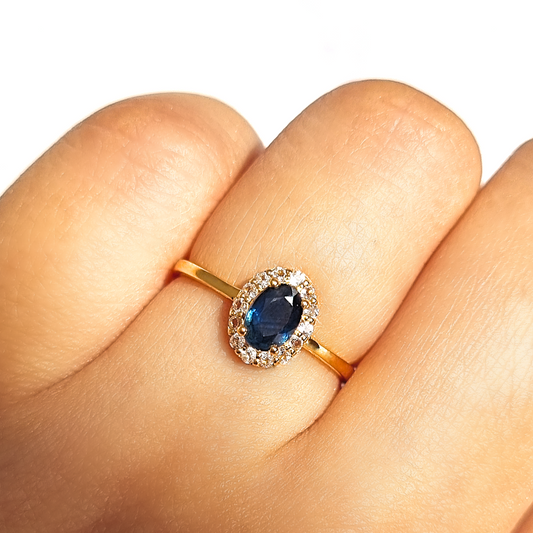 Blue sapphire oval cut halo engagement ring in 18k gold vermeil gift for her