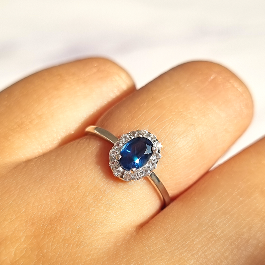 Blue sapphire oval cut halo engagement ring in sterling silver gift for her