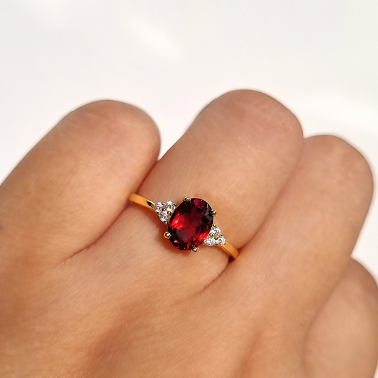 oval cut red garnet three stone engagement and promise ring in 18k gold vermeil gift for her