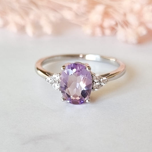 oval cut lavender amethyst three stone engagement and promise ring in sterling silver gift for her