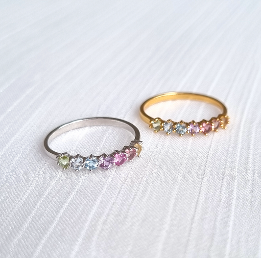 stackable dainty pastel coloured rainbow gemstone eternity wedding ring in sterling silver