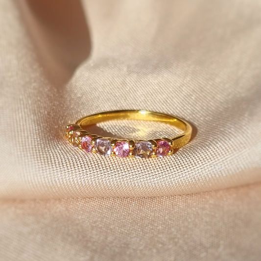 stackable pink sapphire and pink amethyst half eternity wedding ring in 18k gold vermeil