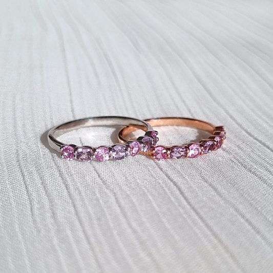 stackable pink sapphire and pink amethyst half eternity wedding ring in 18k rose gold vermeil and sterling silver