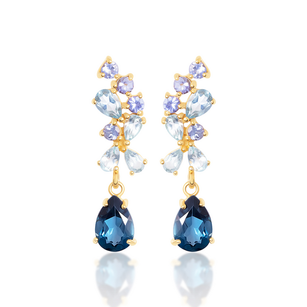 Pear cut london blue topaz and sky blue topaz and round cut tanzanite drop dangle earrings in 18k gold vermeil for evening wear