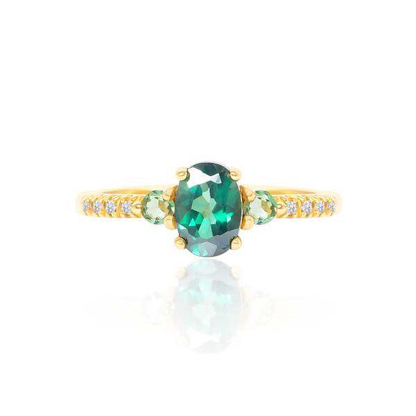 Oval cut green topaz and green tourmaline three stone engagement ring in 18k gold vermeil
