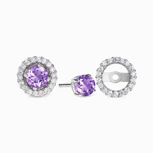 Lavender Amethyst Halo Stud Earrings with Jackets in Sterling Silver