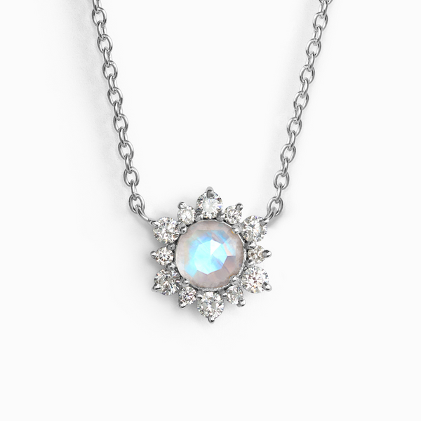 Rose cut rainbow moonstone pendant necklace in snowflake design crafted with sterling silver