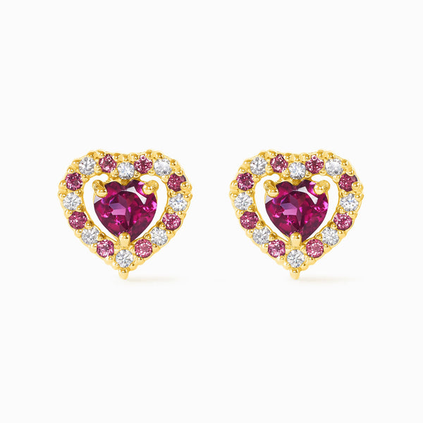 double heart love stud earrings with pink red rhodolite garnet in 18k gold vermeil Valentine day birthday anniversary gifts for her for mum for friends for wife for girlfriend