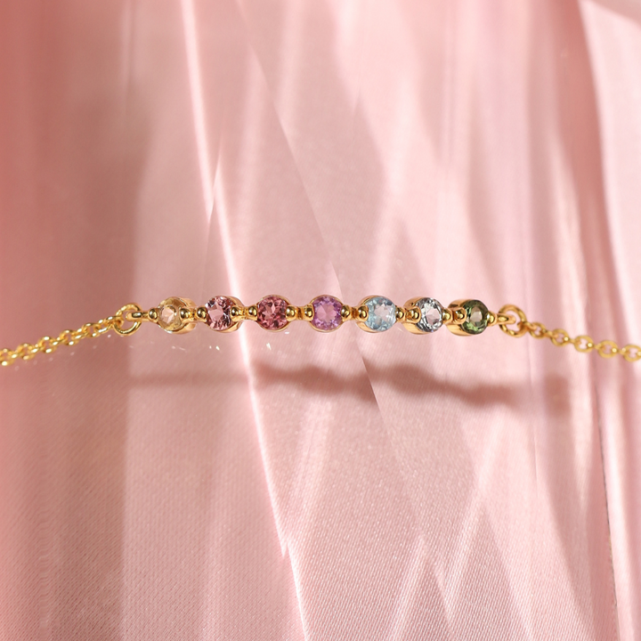 Rainbow round cut gemstone dainty bracelet in 18k gold vermeil with green tourmaline sky blue topaz Swiss blue topaz amethyst pink tourmaline peach tourmaline and citrine