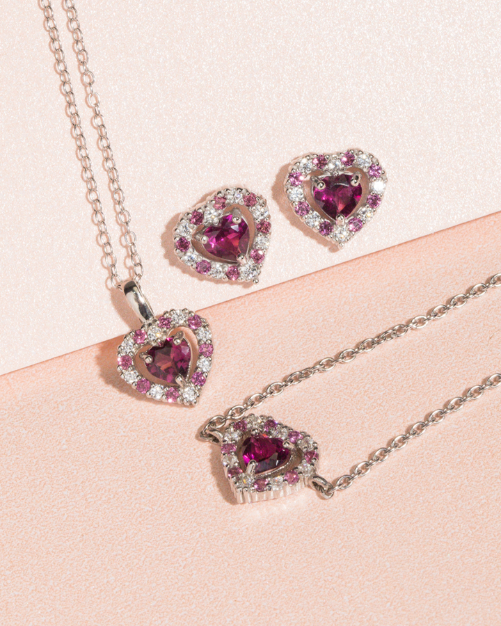 double heart love tennis bracelet necklace and earrings gift set with red pink rhodolite garnet in sterling silver valentine day birthday anniversary gifts for her for mum for friends for wife for girlfriend