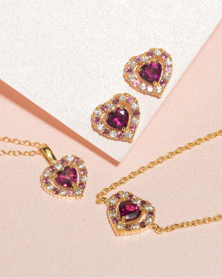 double heart love tennis bracelet necklace and earrings gift set with pink red rhodolite garnet in 18k gold vermeil Valentine day birthday anniversary gifts for her for mum for friends for wife for girlfriend