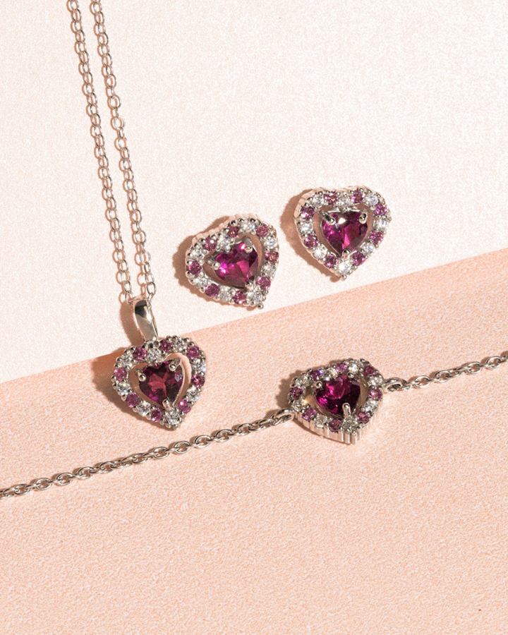 double heart love tennis bracelet necklace and earrings gift set with red pink rhodolite garnet in sterling silver valentine day birthday anniversary gifts for her for mum for friends for wife for girlfriend