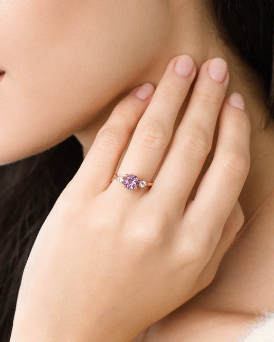 Lavender Amethyst Three Stone Ring in 18k Rose Gold Vermeil