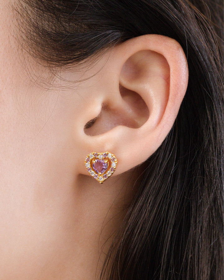 double heart love stud earrings with purple lavender amethyst in 18k gold vermeil valentine day birthday anniversary gifts for her for mum for friends for wife for girlfriend