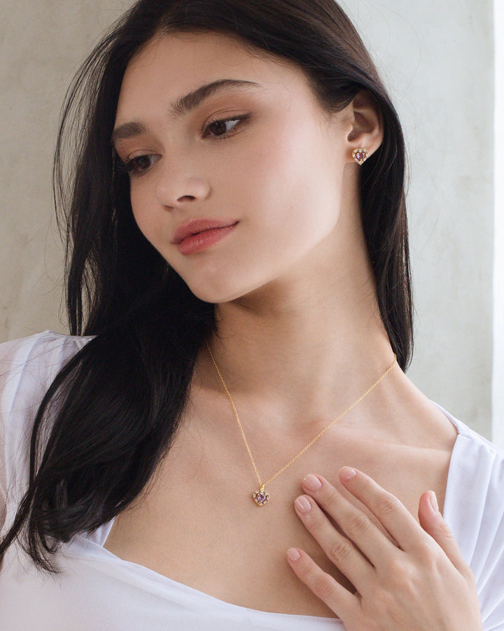 double heart love necklace and stud earrings gift set with purple lavender amethyst in 18k gold vermeil valentine day birthday anniversary gifts for her for mum for friends for wife for girlfriend