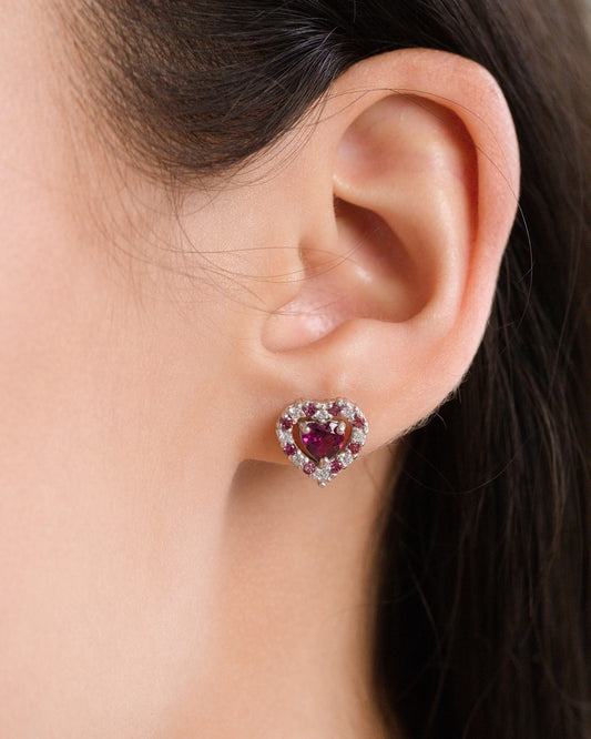 double heart love stud earrings with pink red rhodolite garnet in sterling silver Valentine day birthday anniversary gifts for her for mum for friends for wife for girlfriend