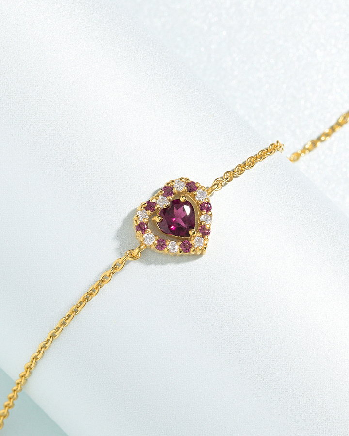 double heart love tennis bracelet with pink red rhodolite garnet in sterling silver and gold vermeil Valentine day birthday anniversary gifts for her for mum for friends for wife for girlfriend
