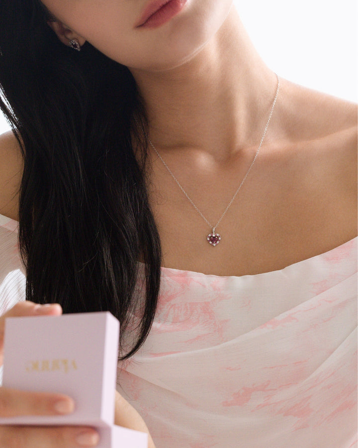double heart love pendant necklace with red pink rhodolite garnet in sterling silver valentine day birthday anniversary gifts for her for mum for friends for wife for girlfriend