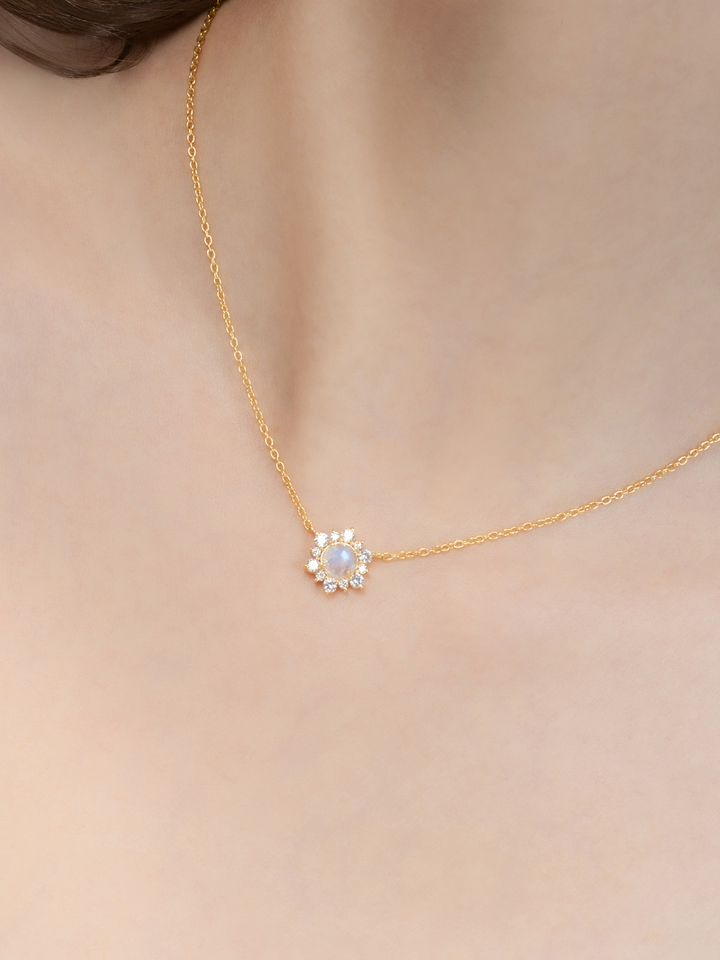 Rose cut rainbow moonstone pendant necklace in snowflake design crafted with 18k gold vermeil