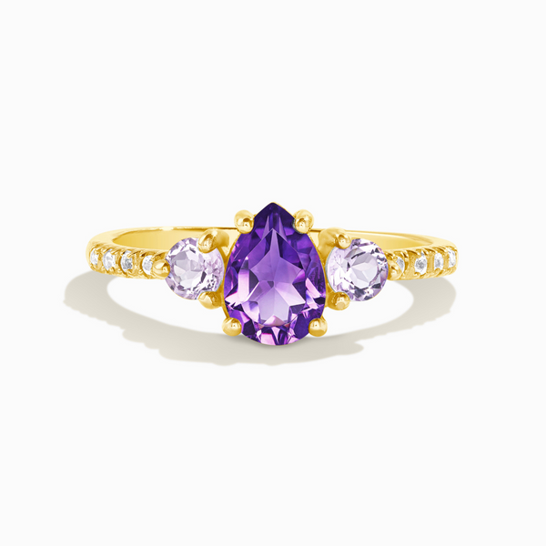 Pear cut amethyst and lavender amethyst three stone engagement and promise ring with pave white topaz diamond band in 18k gold vermeil