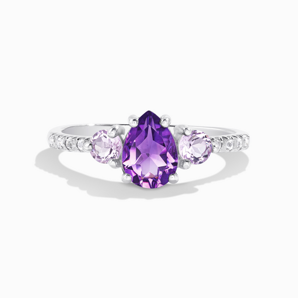 Pear cut amethyst and lavender amethyst three stone engagement and promise ring with pave white topaz diamond band in sterling silver