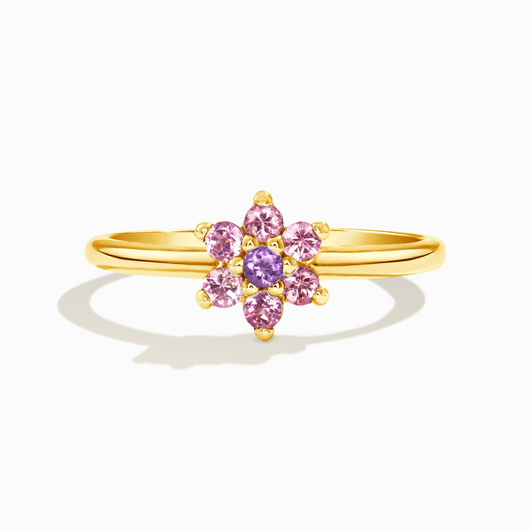 Pink tourmaline and purple amethyst dainty stackable cluster flower ring in 18k gold vermeil