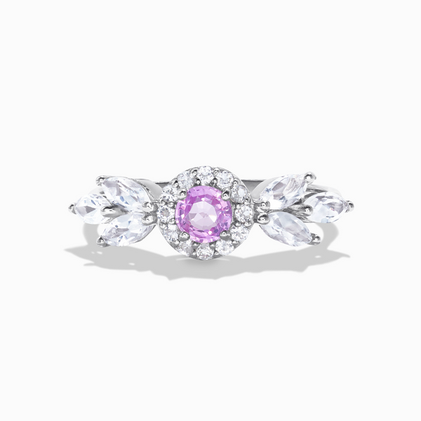 round cut pink sapphire halo ring with marquise wing white topaz in sterling silver