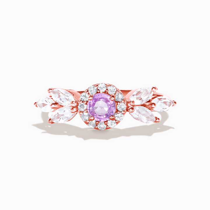 round cut pink sapphire halo ring with marquise wing white topaz in 18k rose gold vermeil