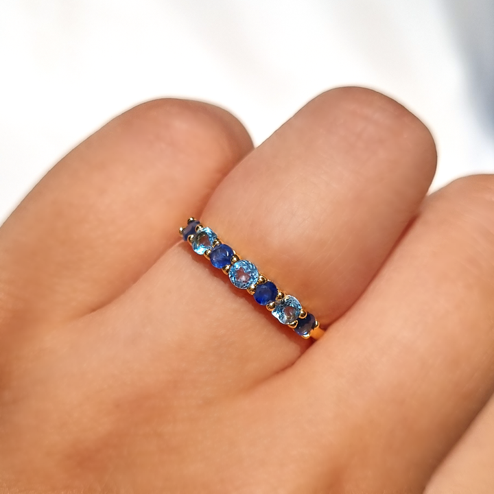 natural blue sapphire and Swiss blue topaz stacking eternity wedding ring in 18k gold vermeil