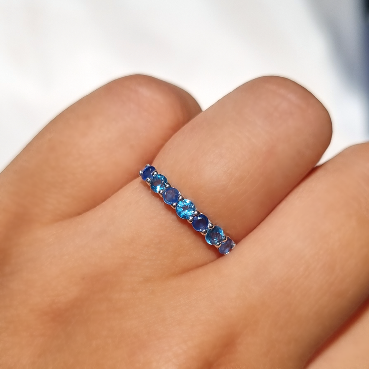 natural blue sapphire and Swiss blue topaz stacking eternity wedding ring in sterling silver 