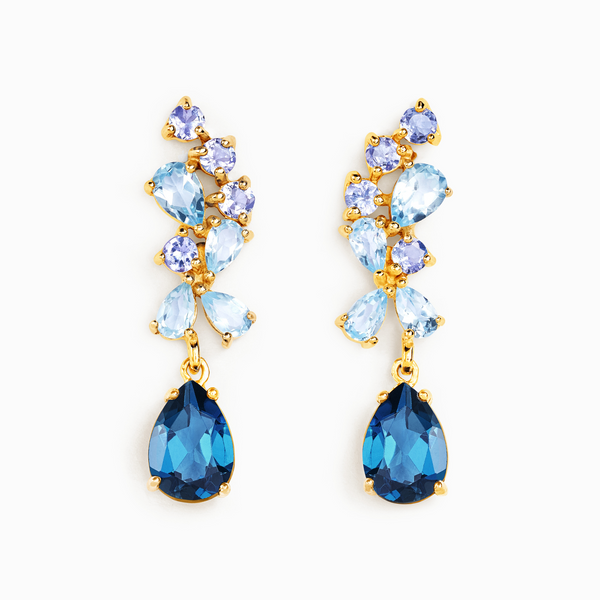Pear cut london blue topaz and sky blue topaz and round cut tanzanite drop dangle earrings in 18k gold vermeil for evening wear gift for her