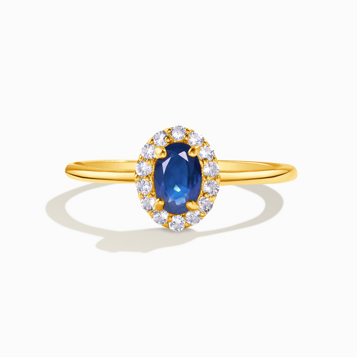 Blue sapphire oval cut halo engagement ring in 18k gold vermeil gift for her