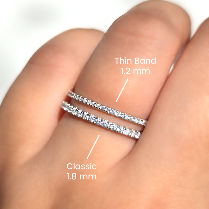 stackable classic full eternity band vs dainty eternity ring in sterling silver 