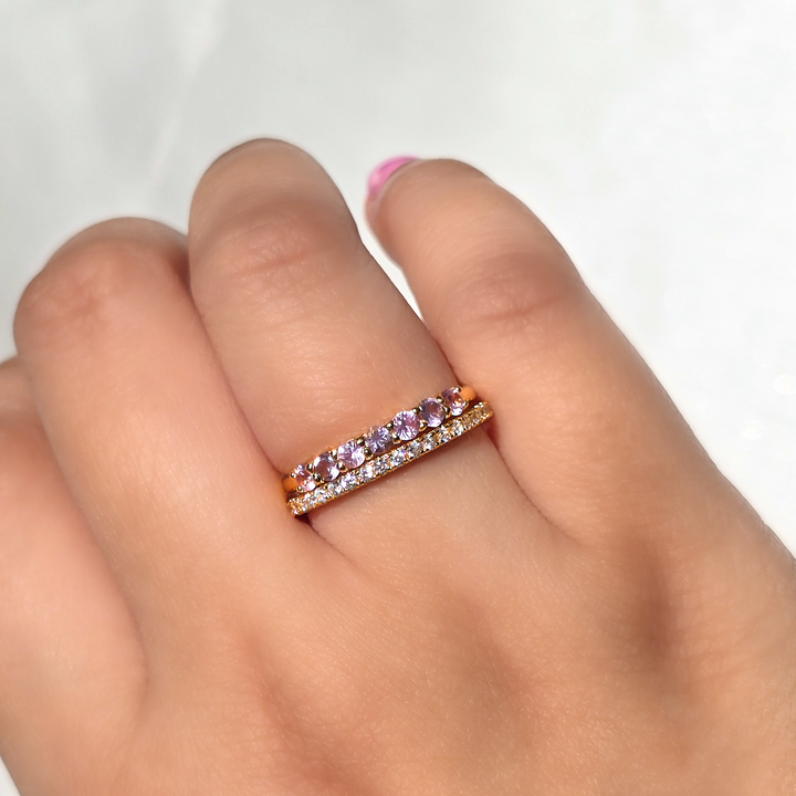 stackable classic full eternity band in 18k rose gold vermeil stacked with pink sapphire and pink amethyst ring