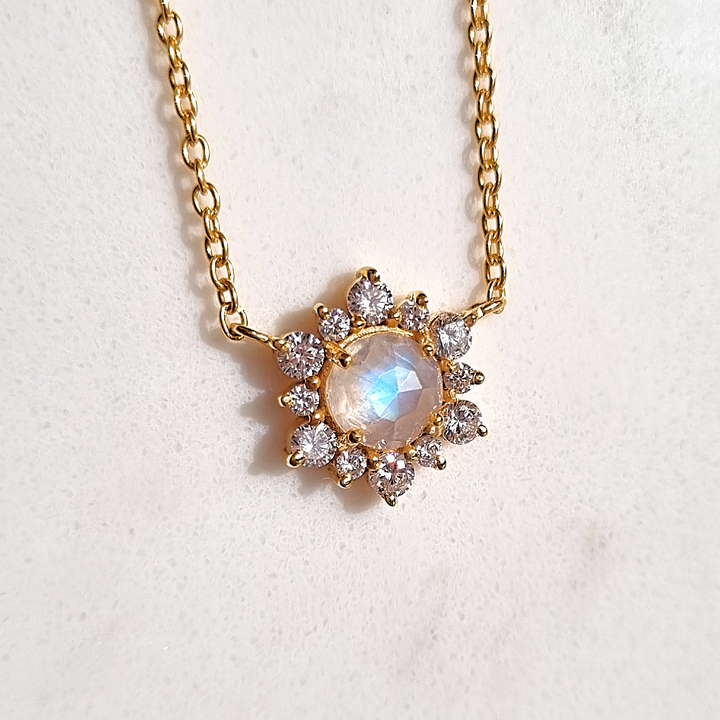Rose cut rainbow moonstone pendant necklace in snowflake design crafted with 18k gold vermeil