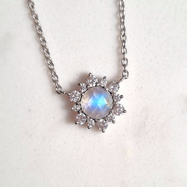Rose cut rainbow moonstone pendant necklace in snowflake design crafted with sterling silver