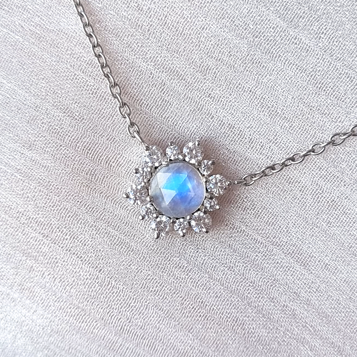 round cut moonstone and diamond necklace in sterling silver, present for promise, anniversary, birthday, mother's day...