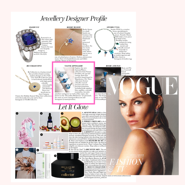 Vianne Jewellery blue gemstone rings in British Vogue Magazine December 2022.