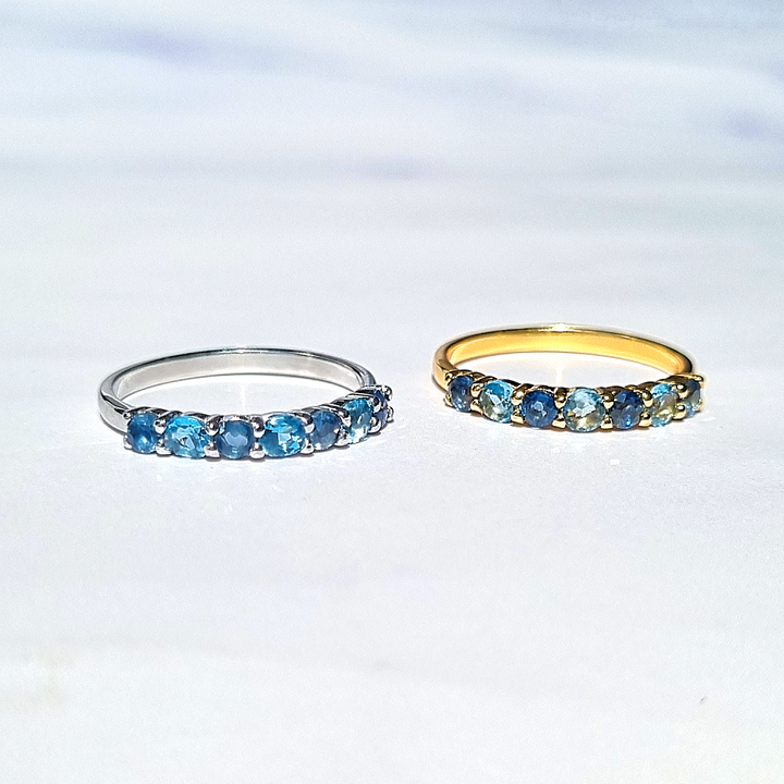 natural blue sapphire and Swiss blue topaz stacking eternity wedding ring in sterling silver and 18k gold vermeil